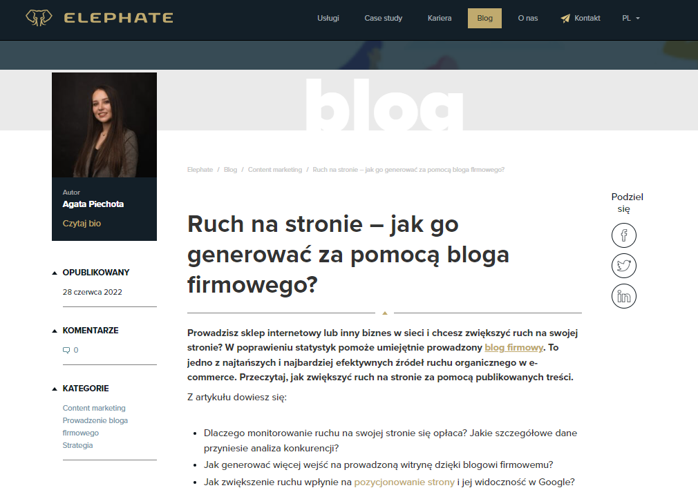 6. Screenshot blog Elephate - Jak stworzyć efektywną strategię SEO dla nowego sklepu internetowego?