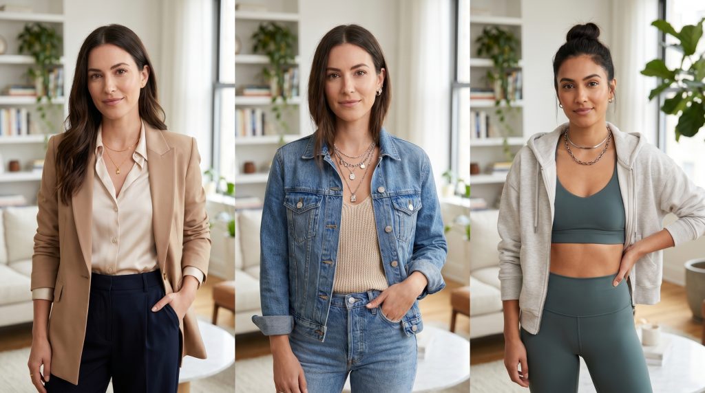 Trzy różne stylizacje - elegancka z delikatną zawieszką, casualowa z warstwowymi łańcuszkami i sportowa z krótkim zestawieniem